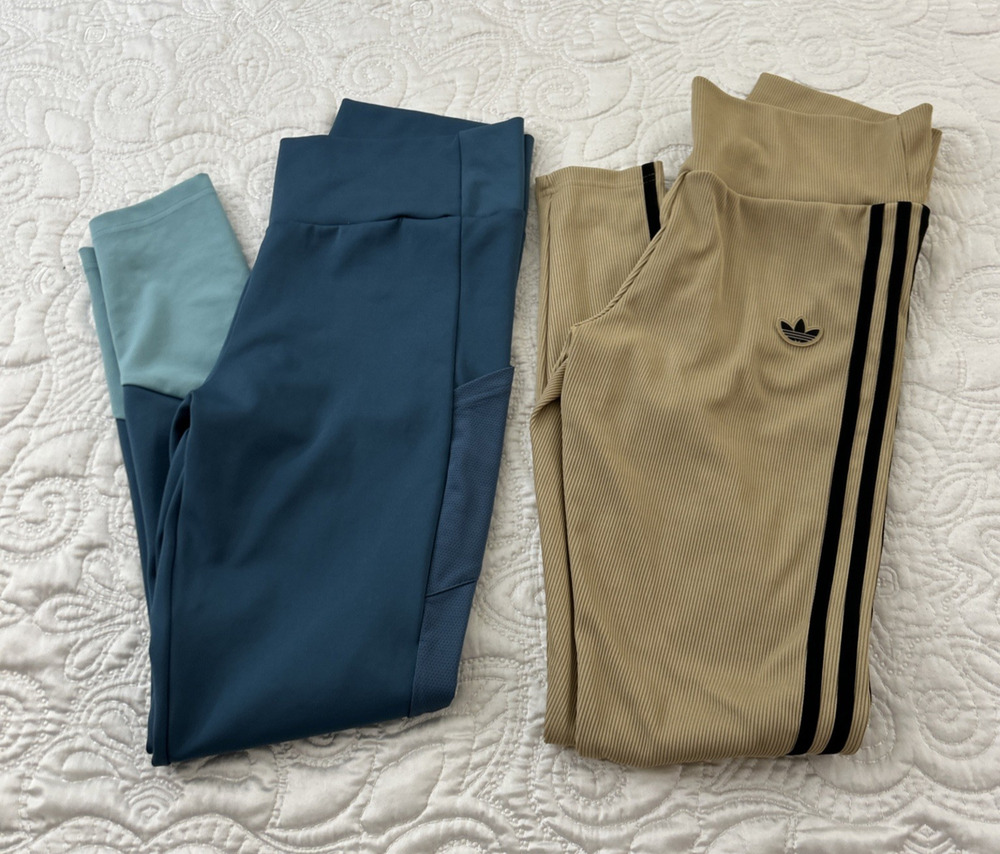 Lot of 2- Adidas Aeroready Stripes Leggings Tan Prime Green Womens Sz L